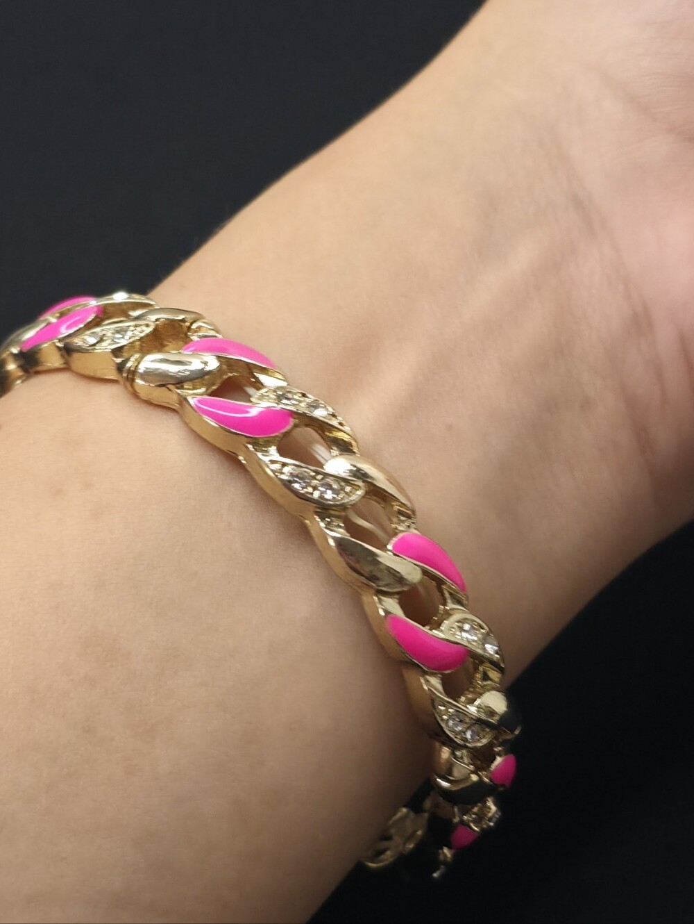 Vintage Pink Enamel Gold Cuban Link Bracelet Rhinestone 7"